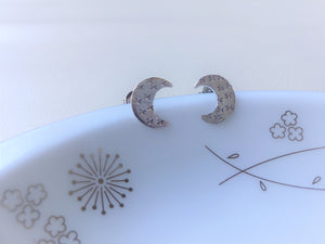 Silver Crescent Moon Studs, Hand Stamped Earrings.