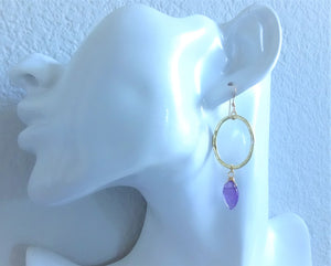 Amethyst Gold Hoop Earrings, Open Oval Dangle Earrings