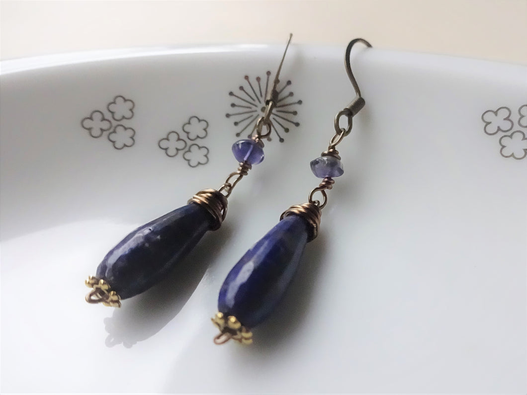 Lapis Lazuli Drop Earrings, Antique Gold Earrings, Clip-on, Gift Under 20.