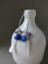 Load image into Gallery viewer, Lapis lazuli, Pearl Marquise Ear Wires Earrings, Large Leaf Earrings.