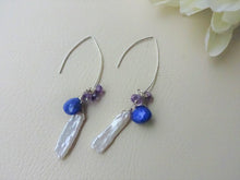 Load image into Gallery viewer, Lapis lazuli, Pearl Marquise Ear Wires Earrings, Large Leaf Earrings.