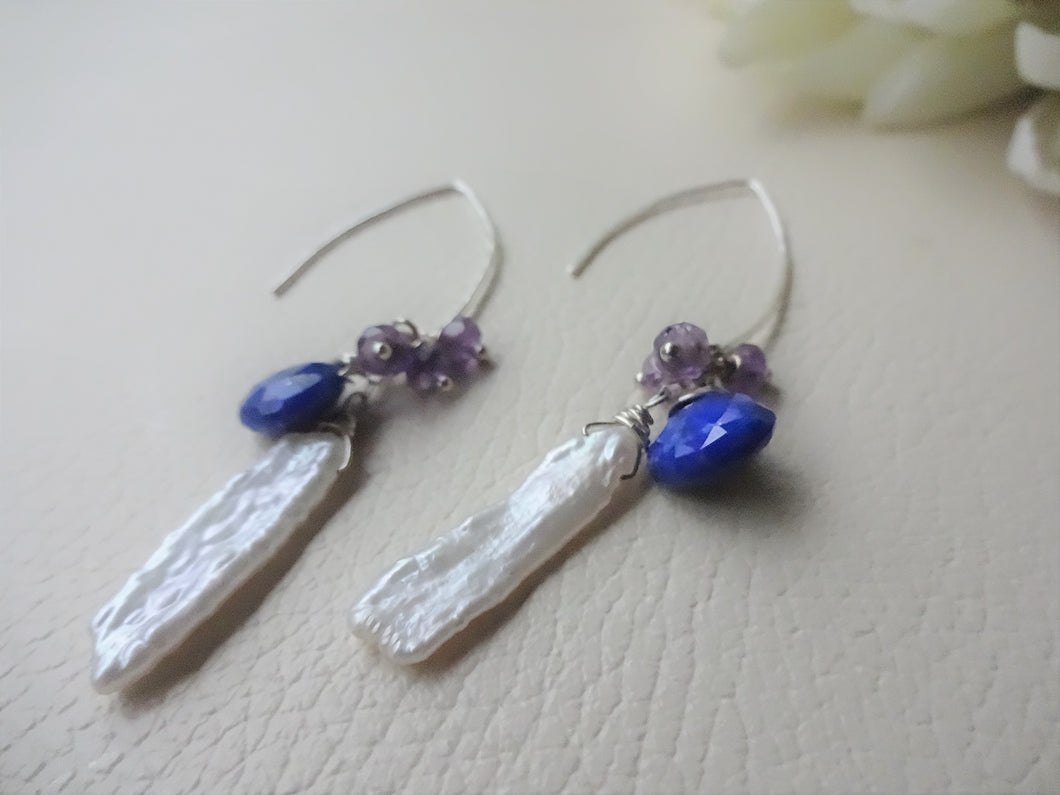 Lapis lazuli, Pearl Marquise Ear Wires Earrings, Large Leaf Earrings.