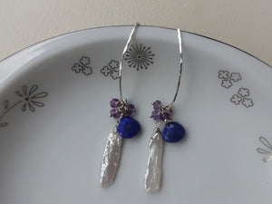 Lapis lazuli, Pearl Marquise Ear Wires Earrings, Large Leaf Earrings.