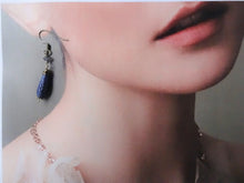 Load image into Gallery viewer, Lapis Lazuli Drop Earrings, Antique Gold Earrings, Clip-on, Gift Under 20.