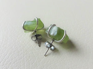 Peridot Sterling Silver Stud Earrings, Raw Stone Jewelry, Greenery Earrings.