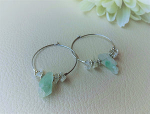 Green Quartz Silver Hoop Earrings, Raw Stone Jewelry