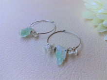 Load image into Gallery viewer, Green Quartz Silver Hoop Earrings, Raw Stone Jewelry