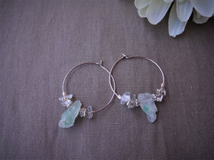 Green Quartz Silver Hoop Earrings, Raw Stone Jewelry
