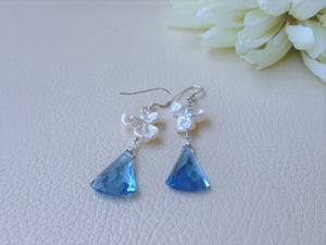 Blue Quartz and Keshi Pearl Dangle Earrings