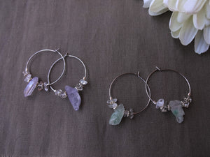 Purple Hoop Earrings, Raw Quartz Earrings