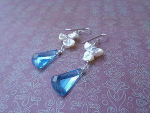 Blue Quartz and Keshi Pearl Dangle Earrings