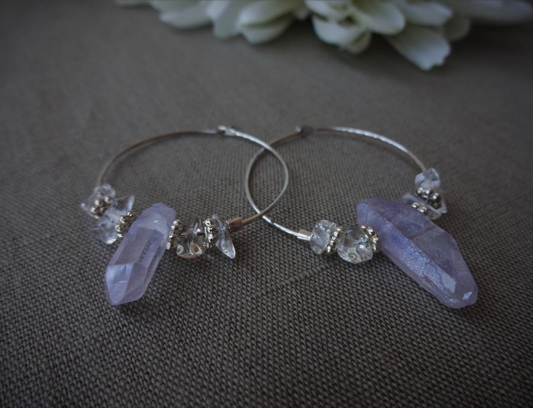 Purple Hoop Earrings, Raw Quartz Earrings