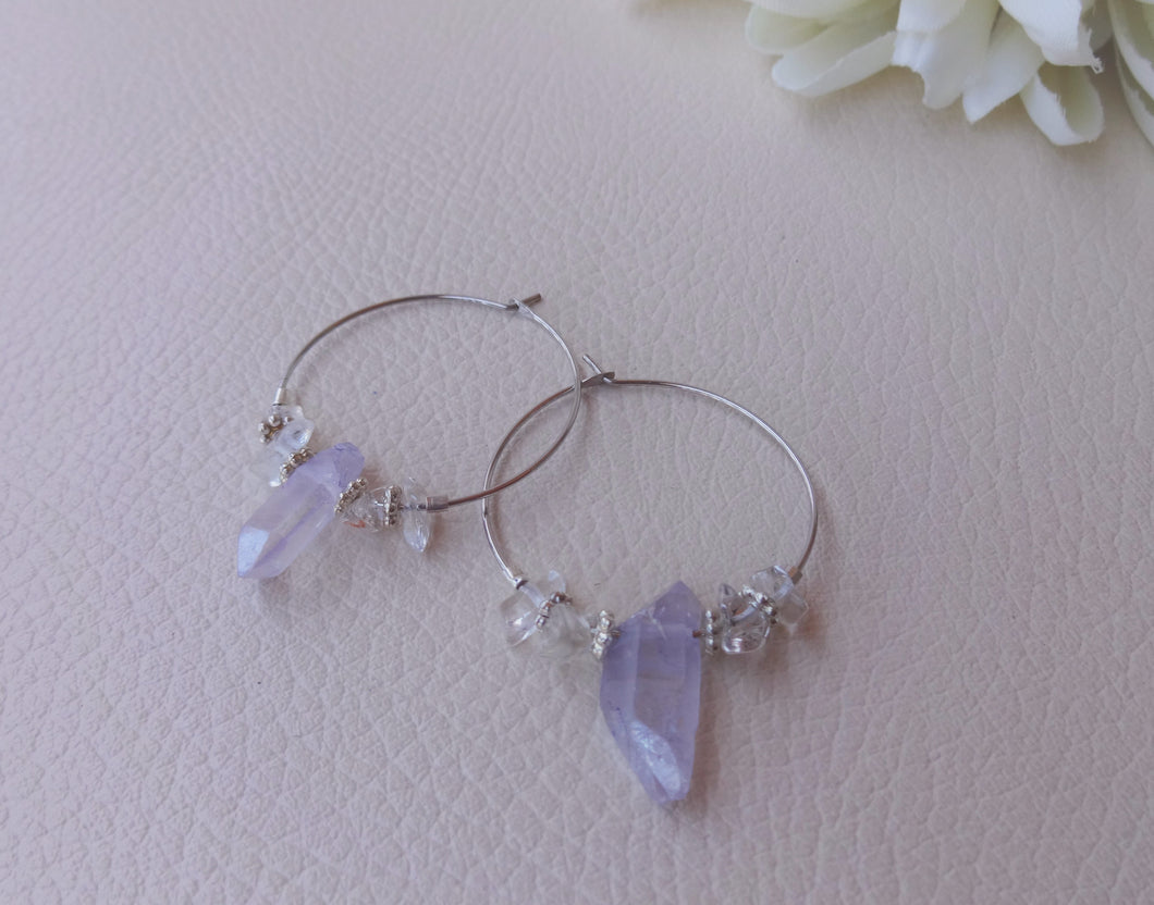 Amethyst Hoop Earrings, Raw Quartz Earrings