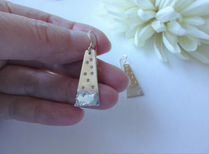 Gold Hand Stamped Earrings with Silver Accent, Trapezoid