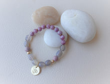Load image into Gallery viewer, Om Charm Stretch Beaded Bracelet, Lepidolite and Gray Moonstone