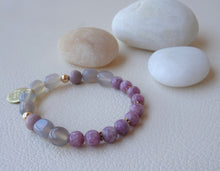 Load image into Gallery viewer, Om Charm Stretch Beaded Bracelet, Lepidolite and Gray Moonstone