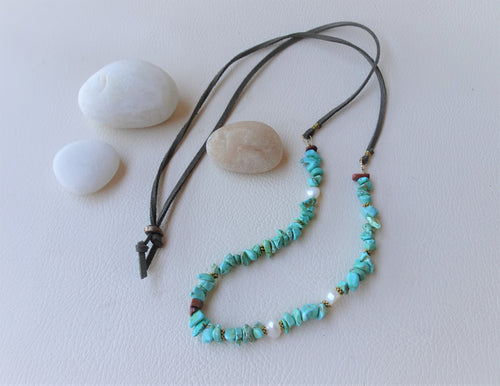 turquoise blue suede cord necklace