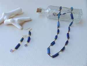 Blue Roman Glass Necklace, Silk Thread Necklace