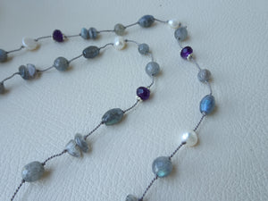 Labradorite Long Necklace, Silk Thread Necklace