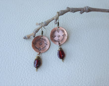Load image into Gallery viewer, Garnet Boho-Chic Earrings, Hand Stamped Copper Jewelry
