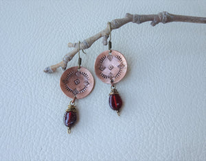 Garnet Boho-Chic Earrings, Hand Stamped Copper Jewelry