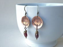 Load image into Gallery viewer, Garnet Boho-Chic Earrings, Hand Stamped Copper Jewelry