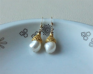 Gold Baroque Pearl Earrings, Filigree Cone Earrings