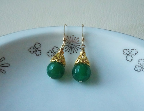 Green Onyx Gold Earrings, Green Dangle Earrings