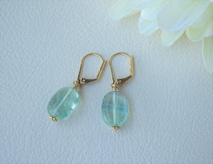 Green Fluorite Earrings, Gold Gemstone Earrings