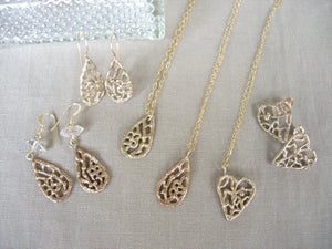 Filigree Heart Necklace, Lacy Heart Jewelry, Bronze Gold Pendant.