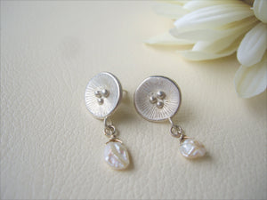 Round Silver Dangle Earrings With Keshi Pearl, Poppy Artisan Jewelry.