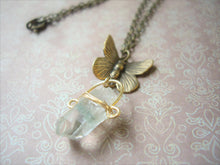 Load image into Gallery viewer, Moss Quartz and Butterfly Antique Bronze Pendant.