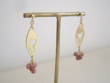Load image into Gallery viewer, Gold Marquise Plate With Pink Gem Earrings, Heart and Rhodochrosite Earrings.