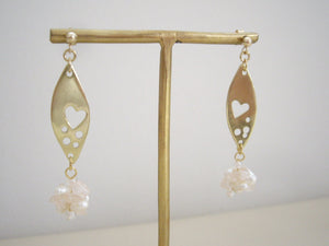 Gold Marquise Dangle Earrings with Rose Quartz, Heart Jewelry Gift.