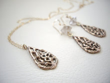 Load image into Gallery viewer, Rose Gold Filigree Teardrop Pendant, Floral Jewelry.