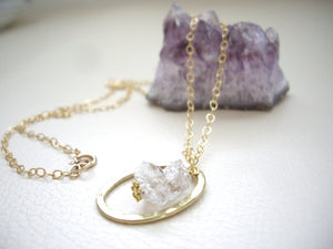 Herkimer Diamond and Gold Loop Earrings, Raw Stone Jewelry.