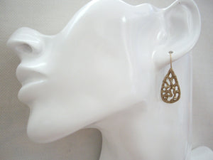 Lacy Flower Drop Earrings, Filigree Jewelry, Bronze Gold.
