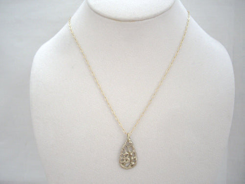 Bronze Gold Floral Drop Necklace, Filigree Tear Drop Pendant.