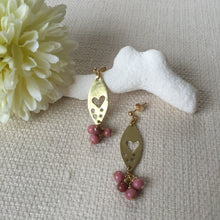 Load image into Gallery viewer, Gold Marquise Plate With Pink Gem Earrings, Heart and Rhodochrosite Earrings.