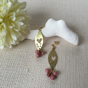 Gold Marquise Plate With Pink Gem Earrings, Heart and Rhodochrosite Earrings.