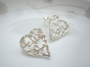 Silver heart earrings, Filigree heart jewelry, Statement post earrings, Anniversary gift.