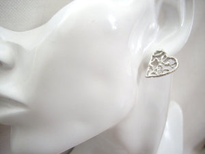 Silver heart earrings, Filigree heart jewelry, Statement post earrings, Anniversary gift.
