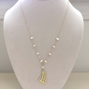 Gold Butterfly Wing Necklace with Pearl.