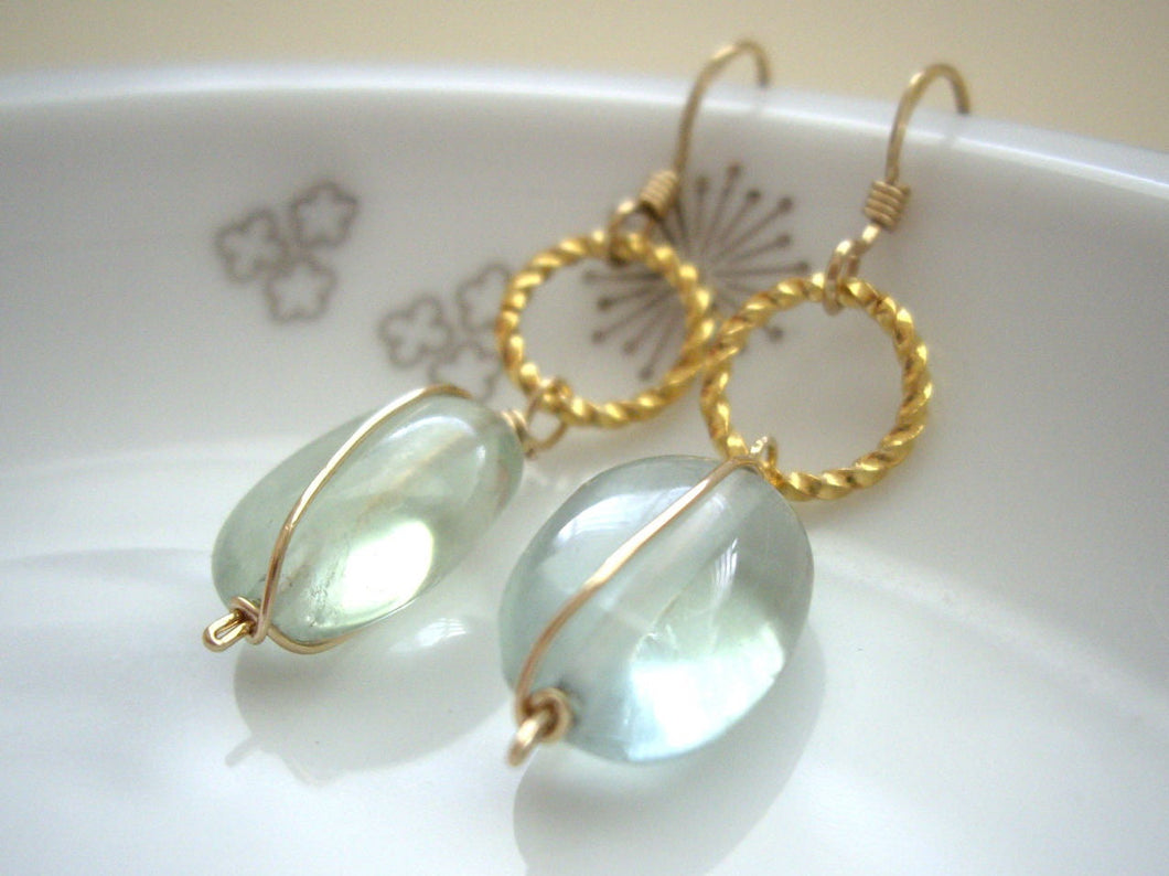 Fluorite Wire Wrapped Earrings, Green Transparent Dangle Earrings.