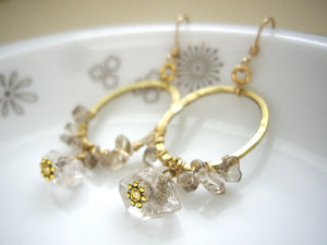 Herkimer Diamond Gold Hoop Wire Wrapped Earrings.