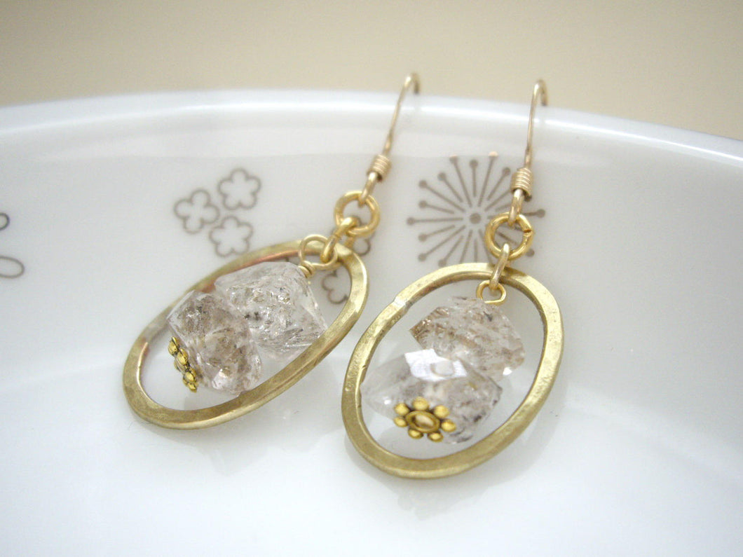 Herkimer Diamond and Gold Loop Earrings, Raw Stone Jewelry.