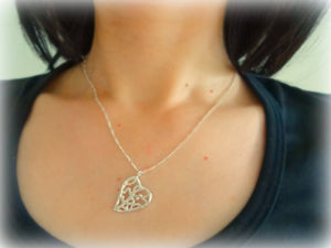 Silver Heart Necklace, Lacy Pendant, Filigree Heart Jewelry.