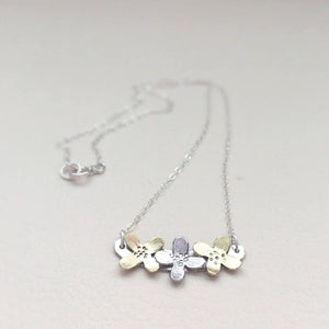 Three Flowers Bar Necklace, Dainty Modern Jewelry, Refined Silver And Gold Pendant.