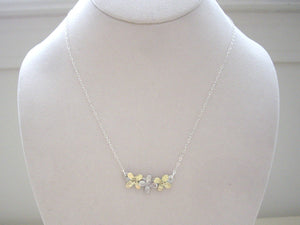 Three Flowers Bar Necklace, Dainty Modern Jewelry, Refined Silver And Gold Pendant.