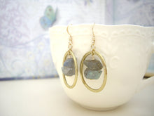 Load image into Gallery viewer, Labradorite gold loop earrings, Raw labradorite jewelry.